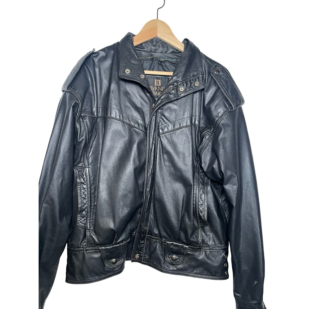 Byrnes & Baker Mens XL Black Leather Vintage Biker Motorcycle Jacket Epaulets